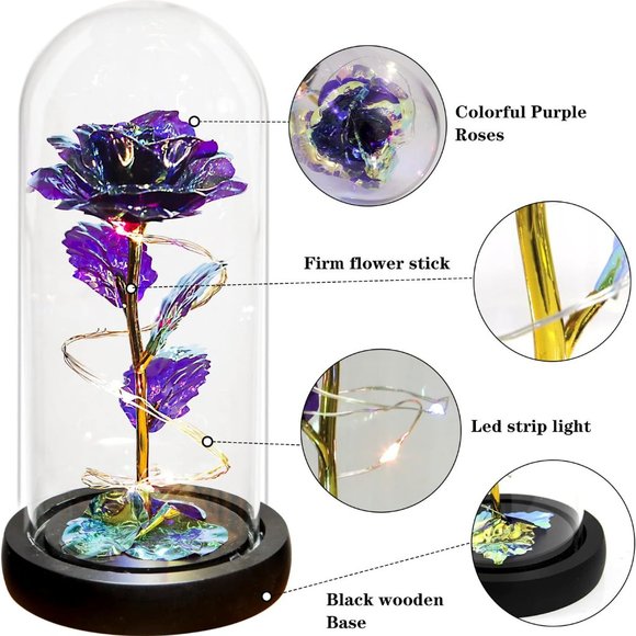 Glass Rose Galaxy Enchanted Light-Up Flower Perfect Gift for Women Purple Color - Picture 4 of 7